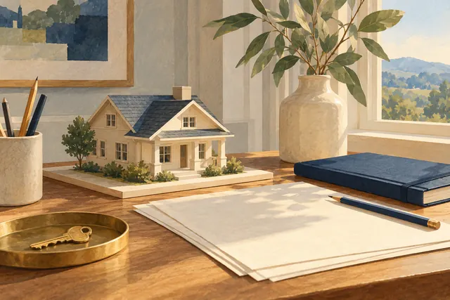 Illustration of a house model, organized papers and keys