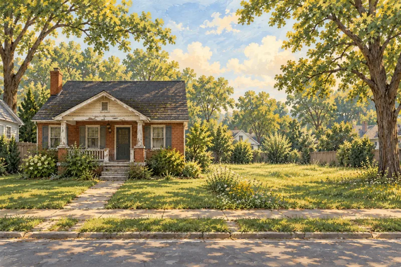 Conceptual illustration of an older brick cottage needing renovation beside an open residential lot in a tree-lined Tennessee neighborhood